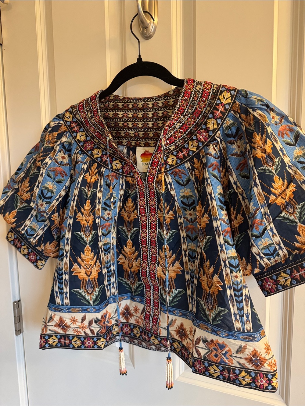 FARM Rio Blue and Gold Embroidered Boho Blouse. No Offers.